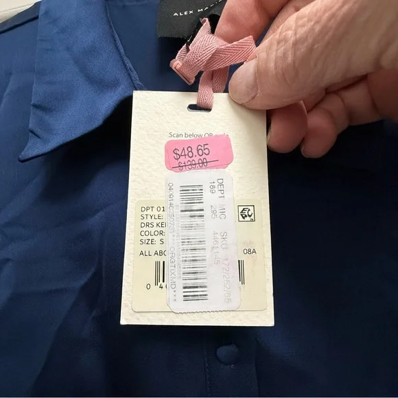 Alex Marie Midnight Blue Satin Shirt Dress Tie Waist Ruffle Hem Midi Small NWT - Picture 3 of 6